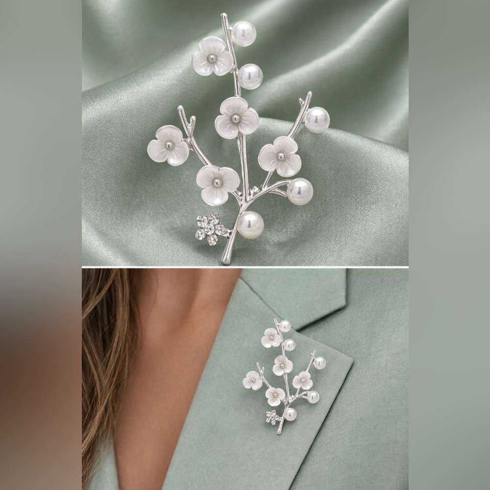 Cherry Silver Blossom Pearl Branch Brooch